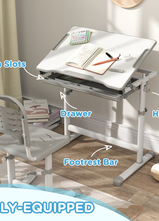 Height Adjustable Kids Desk and Chairs Set with Tilt Desktop, Storage Drawer, Pen Slot, Hook, Gray