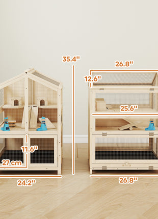 Wooden Hamster Cage, Large 3 Tier Hamster Cage w/ Pull-Out Tray, Openable Top, Hut, Seesaws, 26.8"L x 24.2"W x 35.4"H