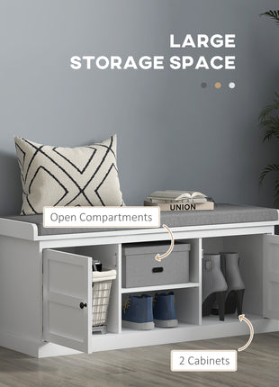 Shoe Storage Bench with Cushioned Seat, Entryway Bench Seat with 2 Cabinets and Adjustable Shelf for Hallway, White