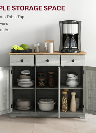 Kitchen Storage Cabinet, Sideboard Floor Cupboard with Solid Wood Top, Adjustable Shelf, and 3 Drawers, Light Gray