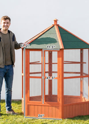 69" Wooden Hexagonal Outdoor Aviary Flight Bird Cage With Covered Roof, Brown