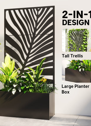 Metal Planter Box with Trellis, Raised Garden Bed with Trellis Large Leaf Cut-Out Privacy Screen for Climbing Plants