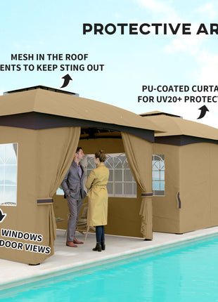11' x 11' Outdoor Gazebo, Double Roof Patio Gazebo with Curtains, Church Windows, Galvanized Steel Frame, Beige