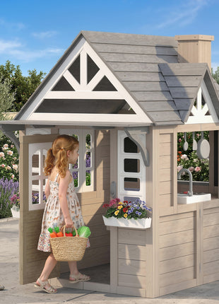 Outdoor Playhouse, Wooden Kids Playhouse with Dog Door, Cookware, Planter Box, Bell, Blackboard, Clock for Backyard