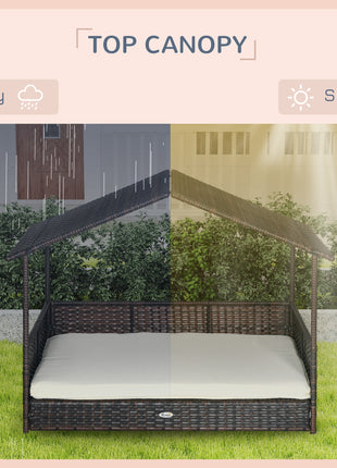 Outdoor Dog Bed with Canopy, Rattan Dog Bed with Soft Cushion Removable Cover for Medium and Large Dogs, Cream White