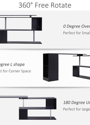 55" 360° Rotating Corner Computer Desk Modern L-Shaped Home Office Workstation with 3-Tier Storage Shelves, Bookshelf, Black