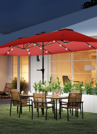 13ft Double-Sided Market Umbrella, Large Patio Umbrella with Solar Lights, Crank Handle for Garden, Pool, Yard, Wine Red