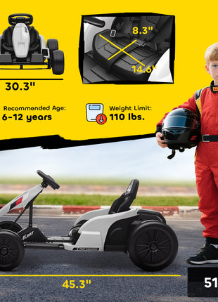 24V Electric Go Kart with Dual 150W Motors, Adjustable Seat & 11.2MPH High Speed, Slow Start, 5-Point Harness, White