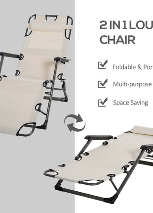Folding Chaise Lounge Chair for Outside, 2-in-1 Tanning Chair with Pillow & Pocket, Adjustable Pool Chair for Beach, Patio, Lawn, Deck, Cream White