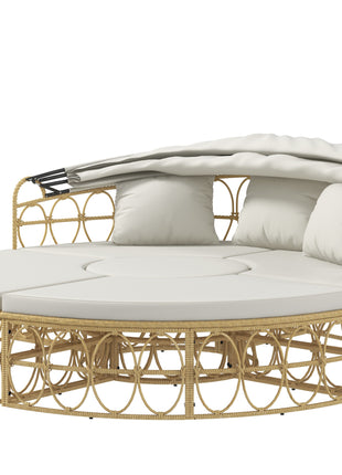 Patio Furniture Set, Round Outdoor Daybed with Retractable Canopy, Hollow Wicker PE Rattan Sectional Sofa with Washable Couch Cushions for Pool, Lawn, Cream White, 70" x 33.5" x 26.25"