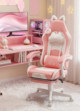 Cute Racing Gamer Chair, Faux Leather Gaming Chair with Footrest, Headrest and Lumbar Support, Pink