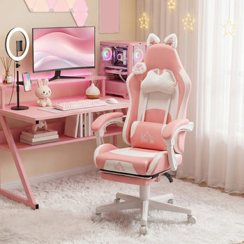 Cute Racing Gamer Chair, Faux Leather Gaming Chair with Footrest, Headrest and Lumbar Support, Pink