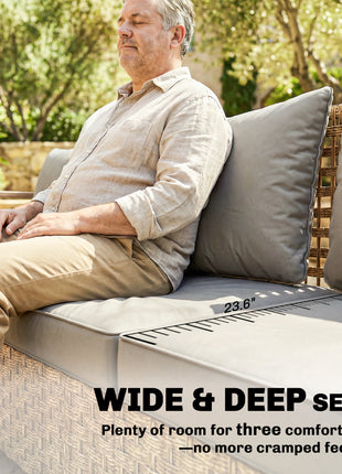 Rattan Wicker Sofa 3-Seater Outdoor Patio Sofa with Cushions for Garden Backyard Porch Gray