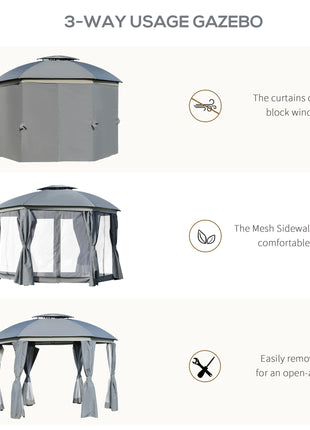 12' x 12' Round Outdoor Gazebo, Patio Dome Gazebo Canopy Shelter with Double Roof, Netting Sidewalls and Curtains, Zippered Doors, Strong Steel Frame, Grey