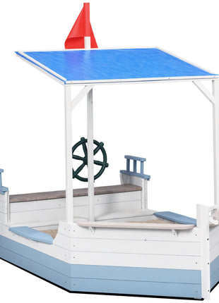 Kids Sandbox with Canopy, Pirate Ship Wooden Sand Boxes with Bench for Backyard, Sand Pit for Toddlers, 83" x 43", Blue
