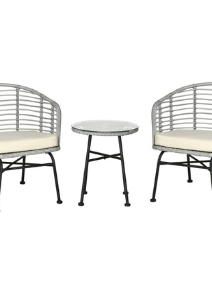 3 Piece Patio Bistro Set, PE Rattan with Cushioned Barrel Chairs & Glass Coffee Table, Conversation Set, Cream White