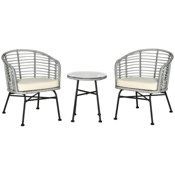 3 Piece Patio Bistro Set, PE Rattan with Cushioned Barrel Chairs & Glass Coffee Table, Conversation Set, Cream White