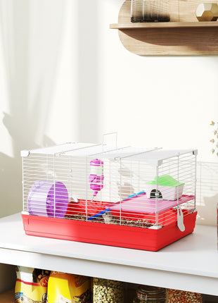18.5" Hamster Cage with Exercise Wheel and Water Bottle, Dish, Rat House and Habitat 2-Story Design, Red