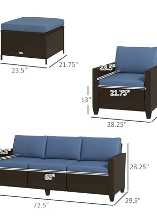 5-Piece Patio Furniture Set with PE Rattan Three-Seater Sofa, Armchairs, Footstools, Cushions, Deep Coffee