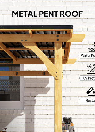 13' x 6' Wooden BBQ Grill Gazebo, Outdoor Hardtop Grill Gazebo with Metal Roof, 2 Bar Shelves and 6 Hooks, Natural