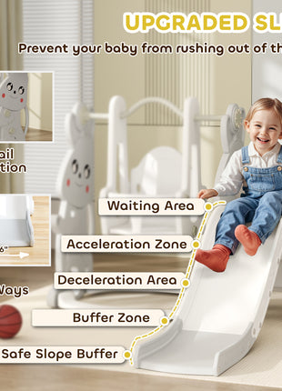 4 in 1 Toddler Slide and Swing Set with Climber, Basketball Hoop, Rabbit Themed Kids Playset for Ages 1.5-4, Gray