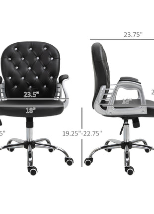 Makeup Vanity Chair, PU Leather Computer Task Chair with Button Tufted, Padded Armrests, Adjustable Height and Swivel Wheels, Black