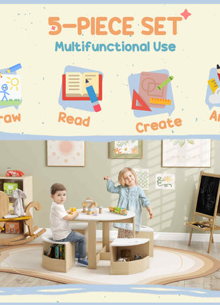 5 Piece Kids Table and Chairs Set with Storage for Art, Craft, Drawing, Playroom, Classroom, Nursery, White