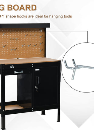 Multipurpose Workbench, Workshop Tool Table with Slide Drawer. Peg Board, Storage Cabinet with Keys