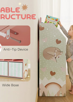 Kids Bookshelf with Storage, Toy Storage Unit with Book Display, Shelves and Fabric Drawers for Playroom Nursery, Pink