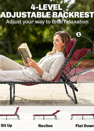 Folding Chaise Lounge Pool Chair with 4-Position Reclining Back, Pillow, Breathable Mesh & Bungee Seat, Wine Red