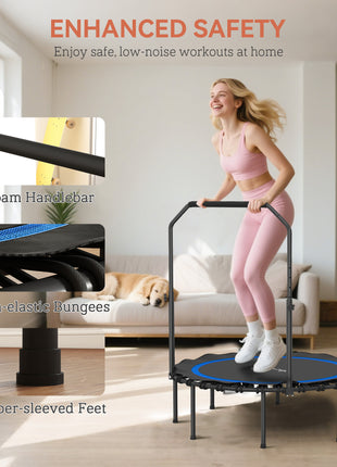 45" Rebounder Trampoline for Adults, Foldable Mini Trampoline with Adjustable Handle Bar for Indoor Outdoor, Blue