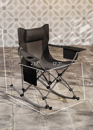 Folding Rocking Camping Chairs, Portable Chairs with Headrest, Cooler Bag, Cup Holder, Carry Bag, 2 Pack, Black