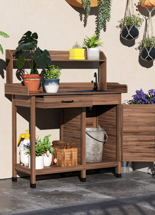 Potting Bench Table with Removable Sink, Outdoor Work Bench Table with Storage Cabinet, Hooks, Faucet and Drawer for Greenhouse, Garden, Patio, Dark Brown