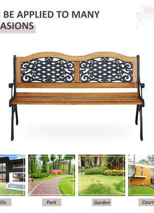 50" Outdoor Garden Bench, Park Patio Bench Loveseat, Wood & Metal Frame with Plastic Flourish Backrest, Natural Wood