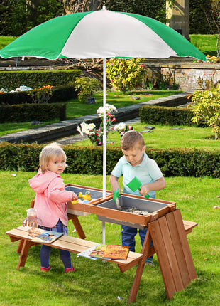 Kids 3 in 1 Sand and Water Table, Wooden Outdoor Convertible Picnic Table with Umbrella and Storage Inside, Bench Backyard Furniture for Garden, Patio, or Balcony