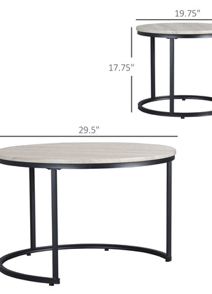 Round Nesting Tables Set of 2, Stacking Coffee Table Set with Metal Frame for Living Room, Grey