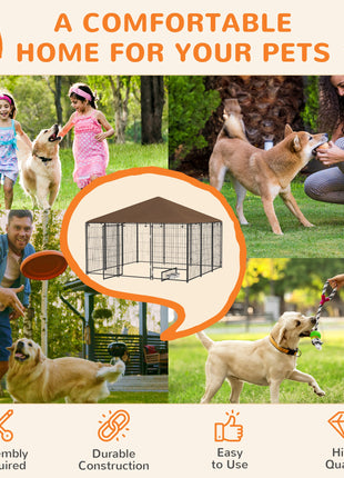 6.9' x 6.9' x 5' Outdoor Dog Kennel with Canopy Garden Playpen Fence Crate Enclosure Cage Rotating Bowl, Coffee