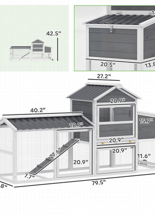 Chicken Coop with Wheels, 80" L Mobile Hen House with Run, Outdoor Wooden Chicken House with Nesting Box, Tray, Ramp