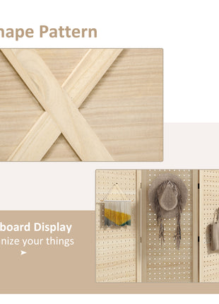 4.7' 4 Panel Wooden Room Divider with Pegboard Display, Folding Privacy Screen for Home Office, Natural