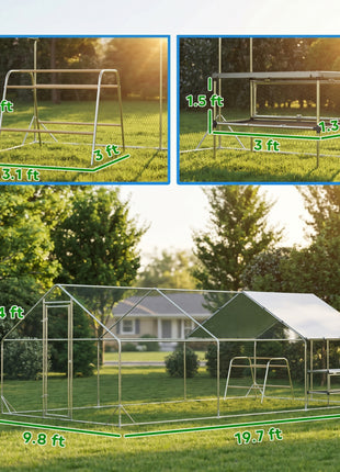 Large Metal Chicken Coop with Waterproof Cover, Roosting Bar, Nesting Box, 9.8' x 19.7' x 6.4'