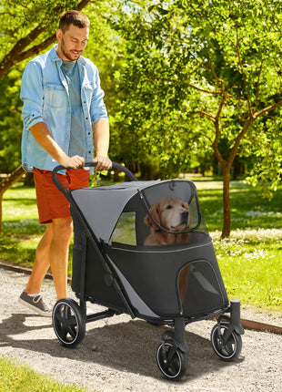 Dog Stroller for Large Medium Small Dogs up to 66 Lbs. 23.5" in Body Length, One-Click Foldable Pet Cat Stroller with Storage, Shock Absorption Wheels, Mesh Window, Safety Leash, Gray