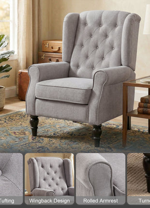 Mid-Century Modern Accent Chair, High Wingback Reading Chair, Button-Tufted Upholstered Fabric Armchair with Retro Wood Legs for Apartment, Living Room, Bedroom, Gray