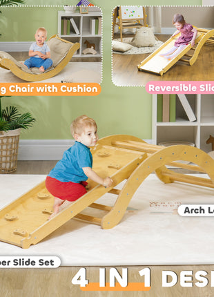 4 In 1 Indoor Toddler Climbing Toy Set with Arch Climber, Ramp & Cushion, Wood