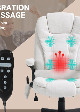 6 Point Vibrating Massage Office Chair with Heat, Linen High Back Massage Desk Chair with Reclining Backrest, White