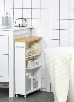 Slim Bathroom Cabinet with Castor Wheels Storage Organizer and Wood Shelves To Fit In Small Spaces, White