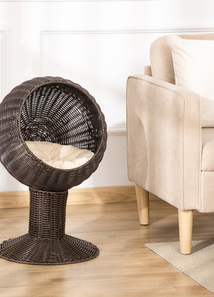 Elevated Cat Bed with Rotatable Egg Chair Pod, Cat Basket Bed with Thick Cushion, Natural Mat Grass Woven Kitty House, Coffee
