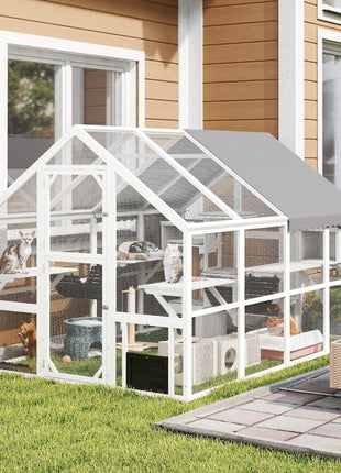 Wooden Catio Outdoor Cat Enclosure with Waterproof Cover, 2 Condos, 6 Platforms, Bridge, Doors, White