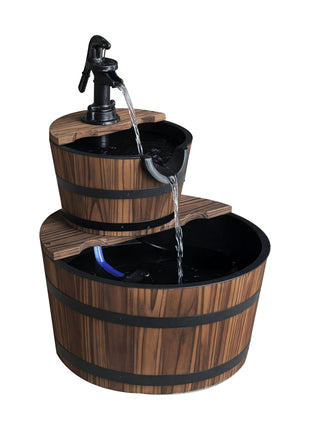 Wood Freestanding Fountain with 2 Tier Waterfall Barrel, Electric Pump for Garden Decor, Lawn, Backyard