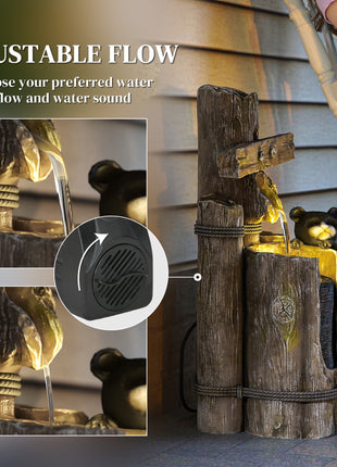 22.8" Water Fountain, 3-Tier Resin Bears on Log Outdoor Waterfall Fountain with LED Lights, Pump