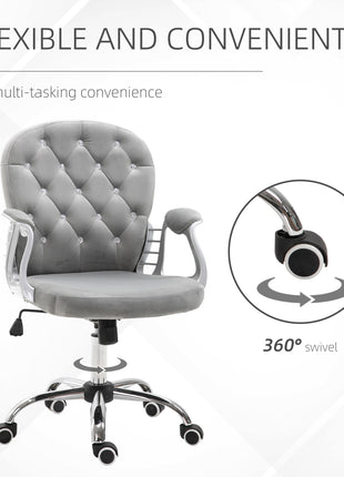 Velvet Home Office Chair, Button Tufted Desk Chair with Padded Armrests, Adjustable Height and Swivel Wheels, Gray